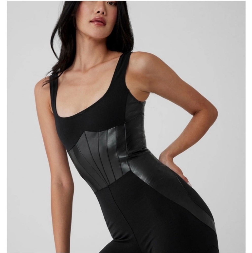 ALO Yoga Black Leather Fitted Corset Jumpsuit, One Piece, Size M - Picture 3 of 6